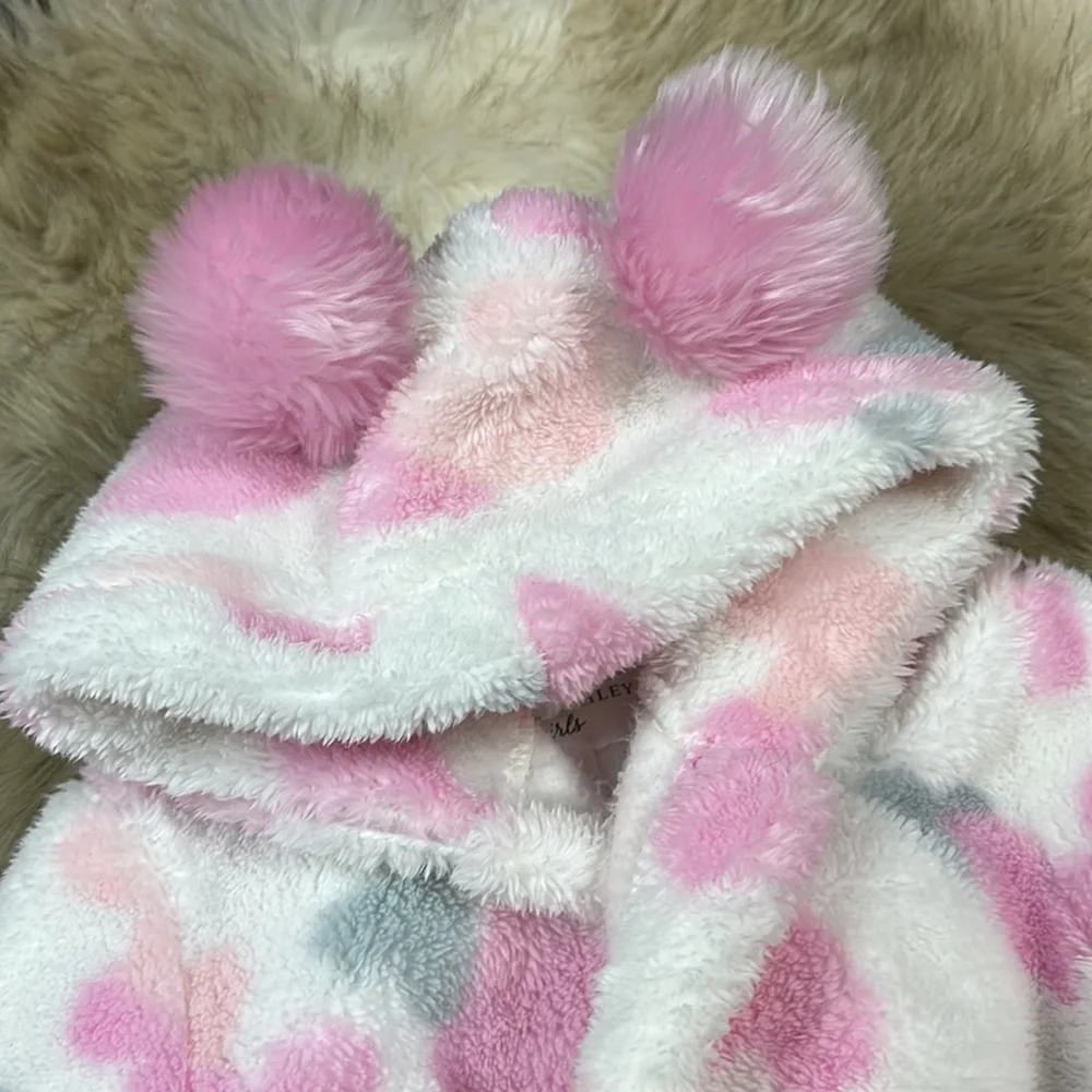 Laura Ashley Girls Plush Heart Robe Pom Pom Hood Belt 4T